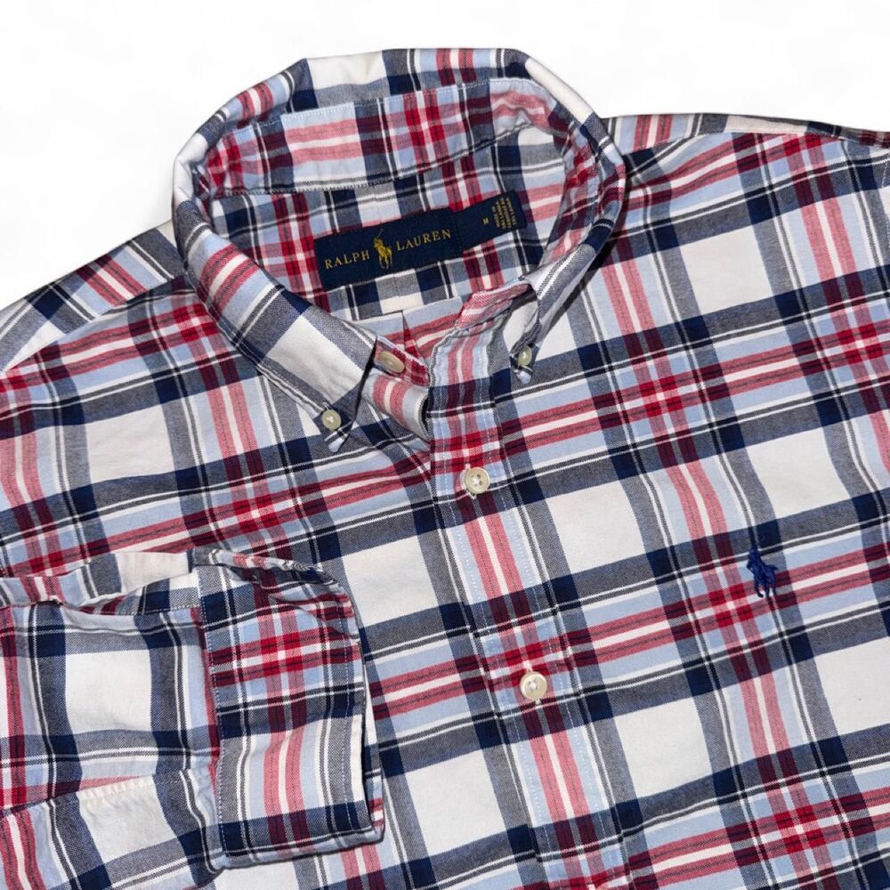 Ralph Lauren Plaid L/S Cotton Button Up Shirt White Red & Blue Men's size M